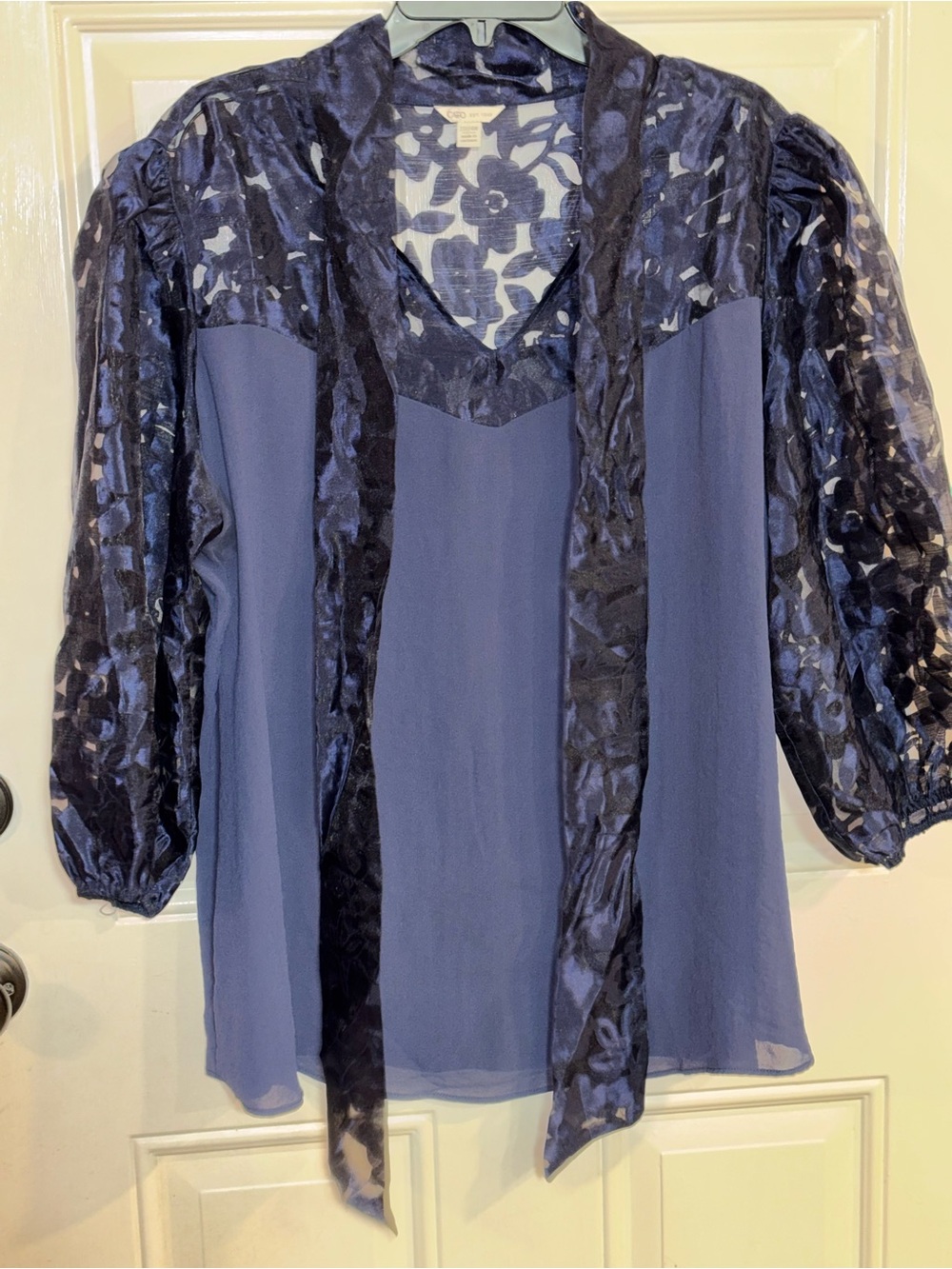 Cato Navy Blue Sheer Velvet Accent Blouse